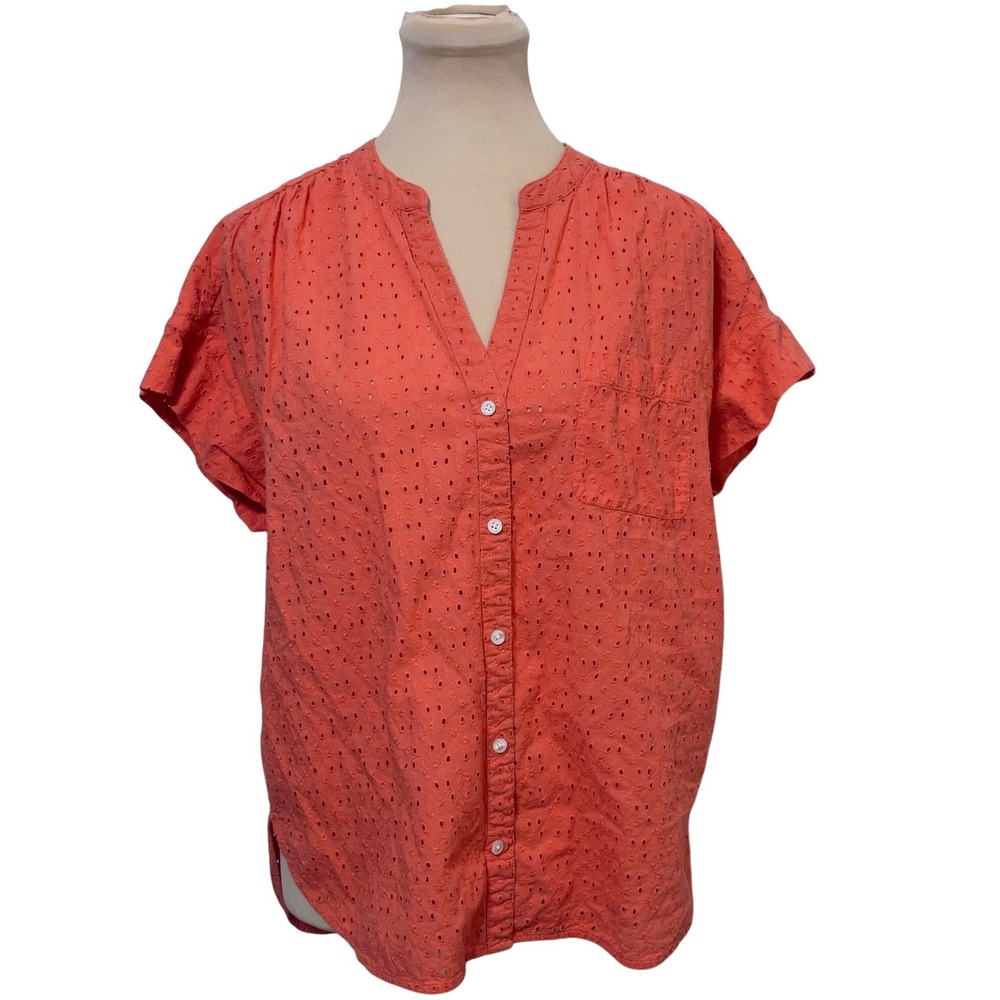 J. Crew Mercantile Womens Eyelet Short Sleeve Button Down Shirt S Coral Orange